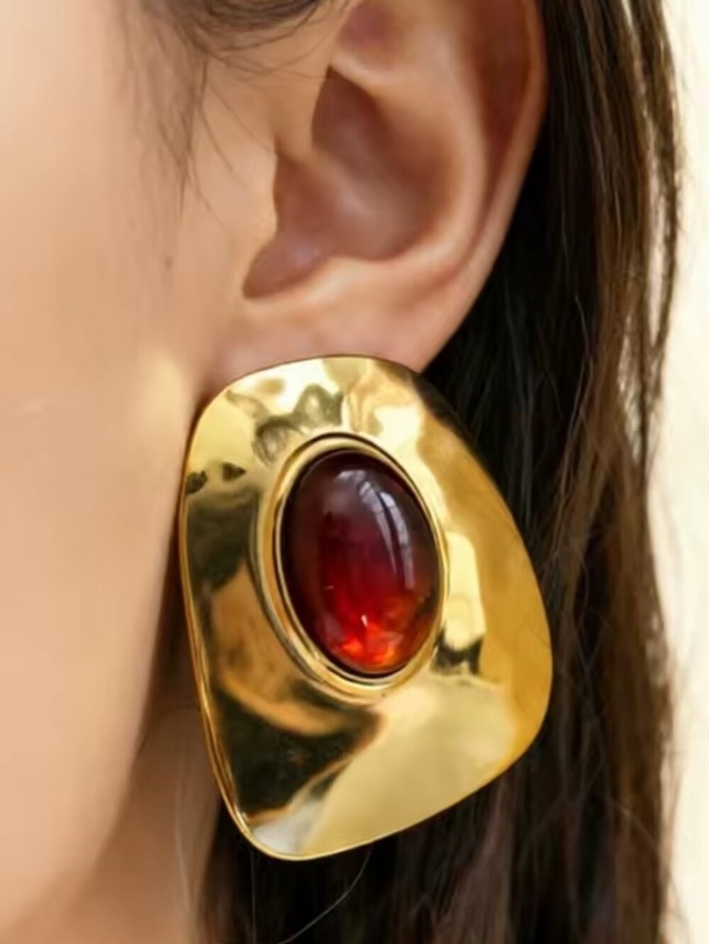 New! Hammered Gold & Red Cabochon Statement Earrings • #1002 NWOT